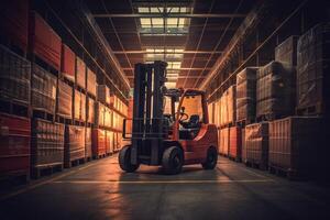 forklift transporting cargo container in distribu photo