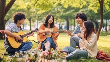 ai generativo alegre joven personas teniendo picnic fiesta al aire libre contento amigos grupo teniendo divertido canto y jugando guitarra juntos amistad concepto foto