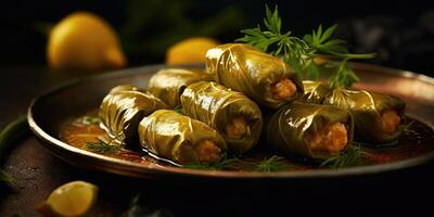 Dolma close-up. A national dish. Dolma, cabbage rolls, sarmale. Generative AI photo