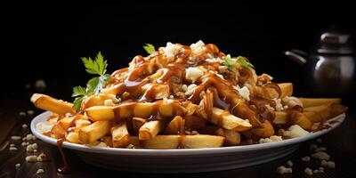 Canada's national dish, poutine. Close-up dish, potatoes and cheese. Generative AI photo