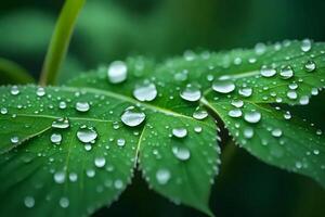 un imagen de pequeño gotas de agua en hojas, cuales Aparecer hermosa en el mañana.. creativo recurso, ai generado foto