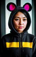 photo of woman wearing kawaii animal Kigurum jacket hoodie , generative AI