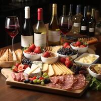 ntipasto table with wine, cheese and crackers. cheese platter with grapes, prosciutto and wine. AI Generative photo