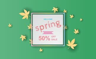Spring season of Fresh green leaves border.Abstract Spring sale offer banner with frame concept,Paper cut and craft minimal pastel background,template scene place for your text.vector.illustration vector