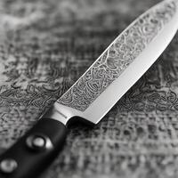 un de cerca fotografía de un del chef cuchillo, destacando sus agudo borde y intrincado espada patrones, capturado con macro fotografía, exhibiendo el arte de culinario herramientas-ai generado. foto