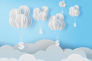 illustration of balloon fly with dollar sign on blue sky. Business and management concept idea.Creative design paper cut and craft style scene for your text.By pastel color.Financial exchange.vector vector