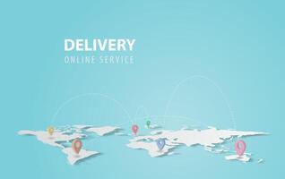 Smartphone technology application.Delivery service concept.Creative map world location network paper cut and craft style.Graphic Online transport background.Minimal blue pastel.Vector illustration vector