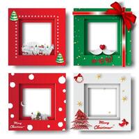 Merry Christmas and Happy new year border frame photo design set on transparency background.Creative origami paper cut and craft style.Holiday decoration gift card.Winter season vector illustration