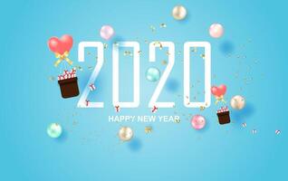 illustration of 2020 happy new year label design.Holiday on pastel symbol with golden.Graphic Merry Christmas balls golden and colorful confetti on blue background.Paper cut and craft style.vector vector
