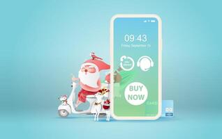 illustration of smartphone with Online delivery service application concept.Summer Christmas season.Paper cut and craft on blue background.Graphic Santa Claus riding a motorcycle transport gift Vector