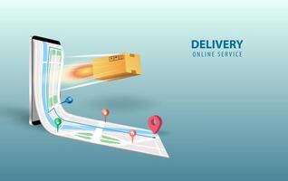 Online delivery smartphone concept idea.Fast respond delivery package shipping on mobile.Online order tracking with world map location.Logistic delivery service.parcel route on the screen Vector. vector