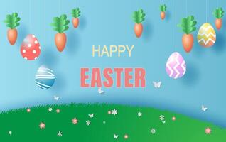 Easter day in garden park background.Creative paper art and craft style.Frame for your text banner and poster.Origami paper concept card.Plant flower colorful pastel.vector illustration.Spring season vector