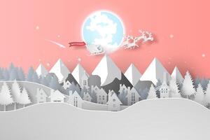 Merry Christmas day background.Landscape city view mountain winter snow season.Holiday festival Santa Claus with reindeer on sky.Creative paper art and craft minimal style.Xmas vector,illustration vector