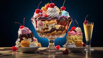 A visually appealing composition showcasing an exquisite ice cream sundae adorned with a variety of textured toppings and drizzles, background image, AI generated photo