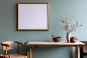 Stylish scandinavian dining room interior with mock up poster frame, wooden table, furniture, cupof coffee, flowers , cement fruits and elegant accessories. generative ai. photo