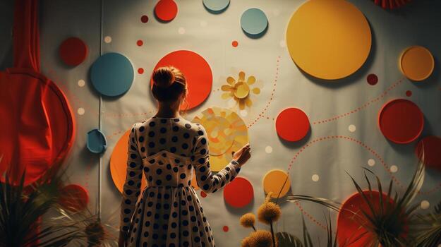 An image capturing the moment of revealing a polka dot-themed artwork, space for text, background image, generative AI photo