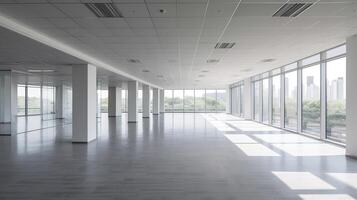 vacío oficina, moderno corporativo abierto oficina en minimalista moderno diseño en ropa blanca y grises. generativo ai foto