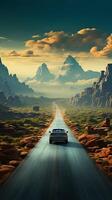 Beyond endpoints, mans joyous car journey reveals roads significance, not just destinations Vertical Mobile Wallpaper AI Generated photo