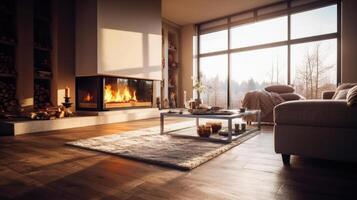 Empty of Cozy modern winter living room interior with a modern fireplace in a chalet. Generative Ai photo