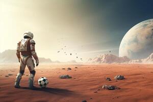 An astronauts playing football on planet.Created with Generative AI technology. photo