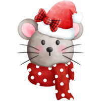 Watercolor christmas mouse illustration with red scarf and santa hat.Christmas animal head clipart. png