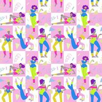80-90s stylisation. Seamless pattern with women doing aerobics. Repeatable pattern with characters with retro sportswear vector