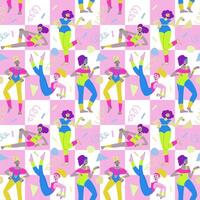 80-90s stylisation. Seamless pattern with women doing aerobics. Repeatable pattern with characters with retro sportswear vector