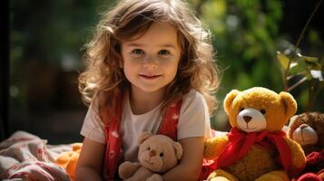 Little girl having a picnic with her stuffed animals.. Generative AI photo