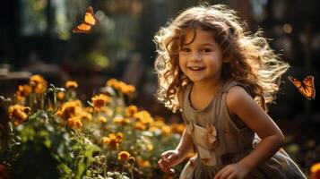 pequeño niña persiguiendo colores vibrantes mariposas en un iluminado por el sol jardín.. generativo ai foto