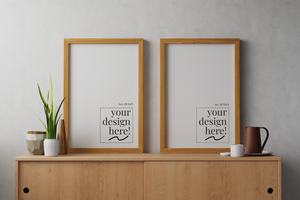 vertical large 24x36 inch natural wooden frame realistic editable mockup with canvas paper poster artwork in in modern scandinavian interior psd