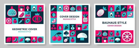 Set of isolated Abstract geometric pattern background in Bauhaus style with various frits, berries, vegetables. Colorful vector design template for cover, brochure, banner, menu. Retro illustration.