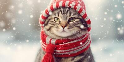 linda gato con un de santa sombrero en el nieve antecedentes con espacio para copyspace,generativo ai. foto