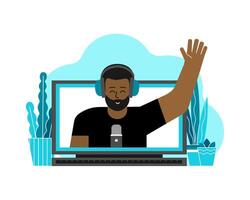 Vector flat concept with laptop and african american man on screen at home recordind video on webcam. Remote work by bloggers, podcast hosts, teachers using online stream servises in quarantine