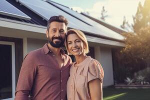 Happy couple stands smiling of a house with solar panels installed,Generative AI. photo