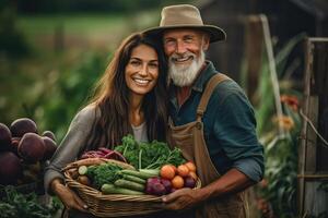 Organic couple farmer holding freshly picked vegetables on her farm,Generative AI. photo