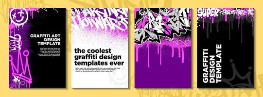 Graffiti poster or flyer design templates with colorful tags, grunge, scribblers and throw up. Hand-drawn abstract graffiti vector designs.