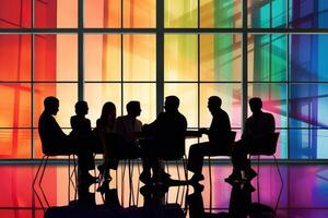 Silhouettes of team in a meeting room with a colorful window behind the,Generative AI. photo