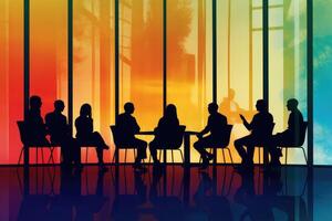 Silhouettes of team in a meeting room with a colorful window behind the,Generative AI. photo
