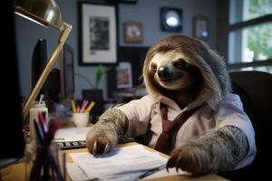 Sloth challenges expectations, showcasing its focused work ethic and determination in an office environment,Generative AI. photo