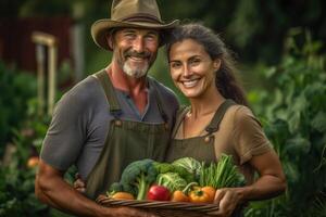 Organic couple farmer holding freshly picked vegetables on her farm,Generative AI. photo