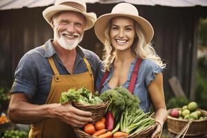 orgánico Pareja granjero participación recién escogido vegetales en su granja,generativa ai. foto