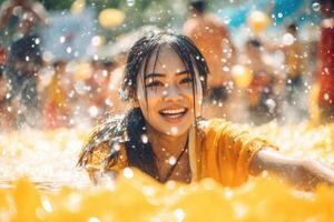 joven adulto mujer es en vacaciones Songkran agua festival Tailandia,generativa ai foto