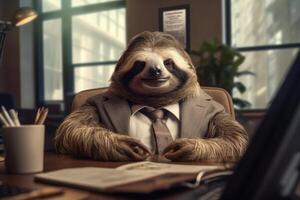 Sloth challenges expectations, showcasing its focused work ethic and determination in an office environment,Generative AI. photo