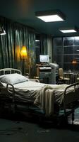 solitario hospital habitación muestra uno cama, carente ninguna señales de ocupación. vertical móvil fondo de pantalla ai generado foto