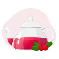 Glass teapot with berry tea.Transparent glass teapot with cranberries tea. Healthy drinks concept.Vector illustration for cafes, advertisements, banners vector