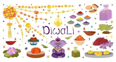 Diwali clipart Set. Flat illustration of doodle Diwali symbols and characters for design. Ganesha, diya, lotus, Holi Gulal Powder, Diwali mithai, sweets, cardamom, saffron, pistachio, marigold garland vector