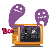 Ghosts brusting out of the mono television broadcasting flat design isolated illustration. Happy Halloween greeting clip art template. png