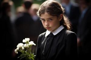 Portrait of a sad little girl on the background of the crowd.Funeral concept AI generated photo