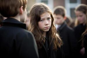 retrato de un triste pequeño niña en el antecedentes de el multitud.funeral concepto ai generado foto