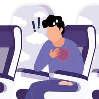 Man  in the airplane suffering from panic attack, fast heartbeat, sweating and trembling.Vector cartoon illustration. vector